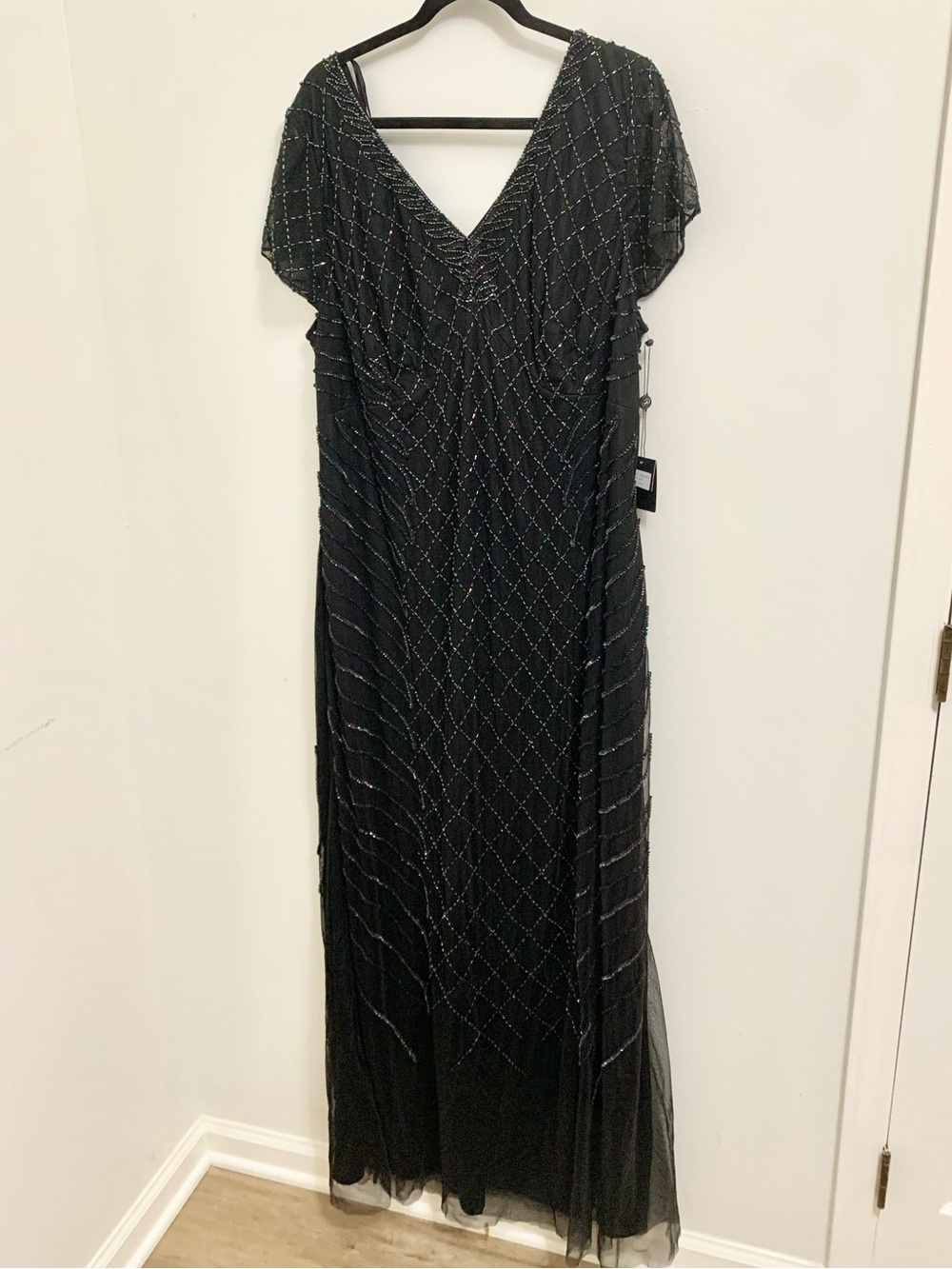 Adrianna Papell Black Beaded V-Neck Maxi Dress 24W NEW Formal Gown
